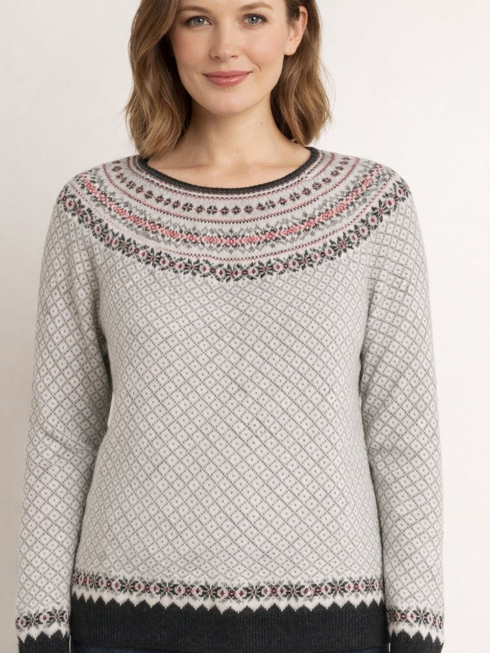 Talbots Cream and Black Fair Isle Yoke Sweater with Pink Accents